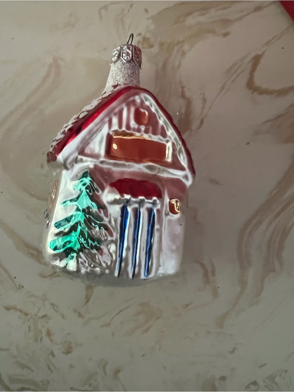 Christopher Radko Silver House Ornament with Red Roof and Green Tree